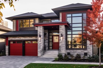Cutting-Edge Styling Meets Vibrant Fresh Construction: A Double Garage Residence Featuring Red Siding and Natural Stone Elements, generative AI
