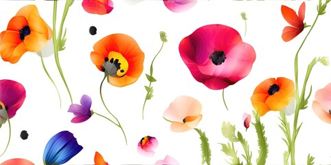 Painted colored poppies on a white background.