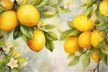 Set of watercolor illustrations of lemons. Hand painted tree branch ripe lemons with green leaves on white background for your design.