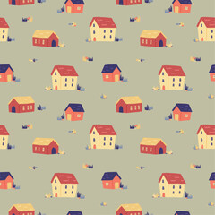 Vector seamless pattern with tiny cartoon houses and pushes on soft muted green background