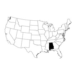 Vector map of the state of Alabama highlighted in black on the map of the United States of America.