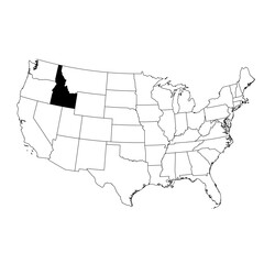 Vector map of the state of Idaho highlighted in black on the map of the United States of America.