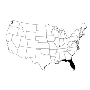 Vector map of the state of Florida highlighted in black on the map of the United States of America.