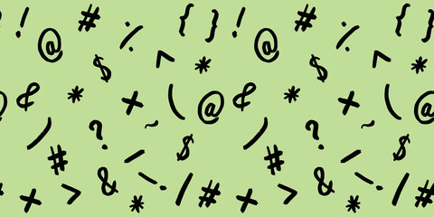 pattern with the image of keyboard symbols. Punctuation marks. Template for applying to the surface. pastel pea background. Horizontal image. Banner for insertion into site.