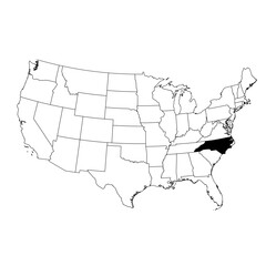 Fototapeta premium Vector map of the state of North Carolina highlighted in black on the map of the United States of America.