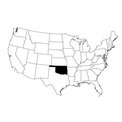 Fototapeta premium Vector map of the state of Oklahoma highlighted in black on the map of the United States of America.