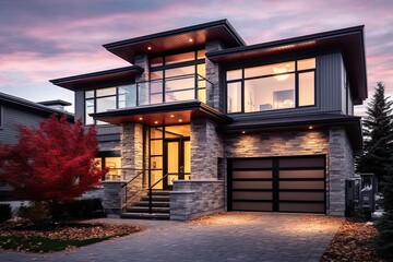 Cutting-Edge Styling and Natural Stone Elements Highlight Vibrant Fresh Construction Residence with Double Garage and Burgundy Siding, generative AI