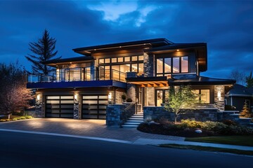 Obraz premium Double Garage and Dark Blue Siding: A Vibrant Fresh Construction Residence with Cutting-Edge Style and Natural Stone Elements, generative AI