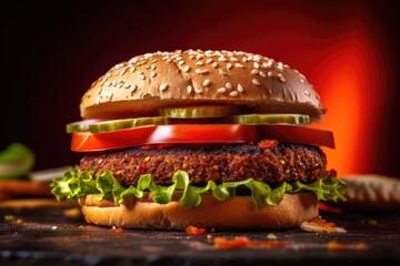 Vegan burger, healthy food on a dark background. Generative AI