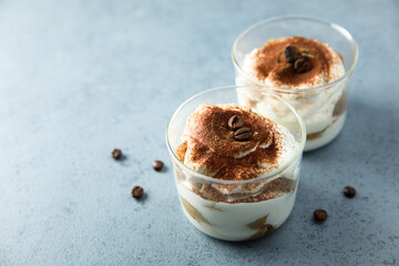 Traditional homemade tiramisu served in glasses