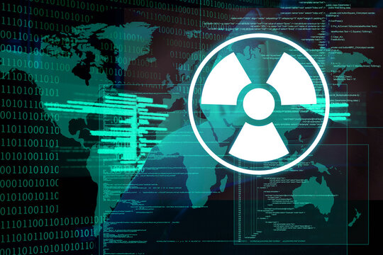 Nuclear deterrence. Multiple exposure with hacker in darkness, world map, warning radiation symbol, source and binary codes