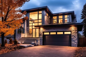 Cutting-Edge Styling and Natural Stone Elements Enhance Vibrant Fresh Residence with Double Garage and Dark Blue Siding, generative AI