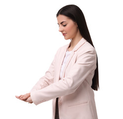 Beautiful young businesswoman posing on white background