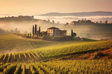 Fototapeta premium Beautiful morning in Tuscany Italy. Serene morning scene bathed in warm, golden light. Ai generated