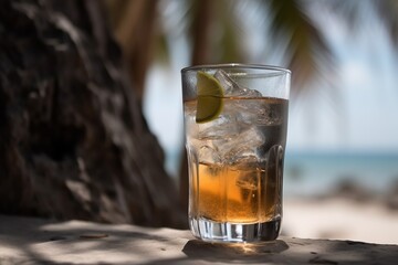 A carbonated drink With ice in a glass hot day against the backdrop of a sea beach under the palm trees. Dirty soda. generative ai