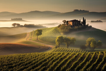Fototapeta premium Beautiful morning in Tuscany Italy. Serene morning scene bathed in warm, golden light. Ai generated
