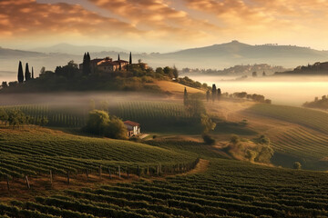 Beautiful morning in Tuscany Italy. Serene morning scene bathed in warm, golden light. Ai generated