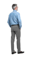 Mature businessman in stylish clothes posing on white background