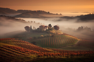 Fototapeta na wymiar Beautiful morning in Tuscany Italy. Serene morning scene bathed in warm, golden light. Ai generated
