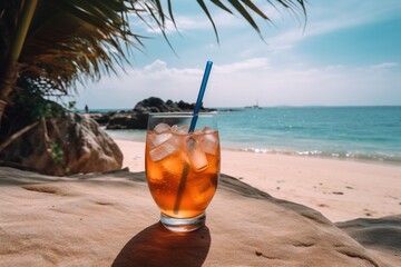 A carbonated drink With ice in a glass hot day against the backdrop of a sea beach under the palm trees. Dirty soda. generative ai