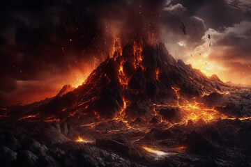 Illustration depicting an immense volcanic eruption. The fiery lava cascades down the slopes, engulfing everything in its path. Ai generated
