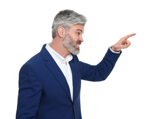 Mature businessman in stylish clothes posing on white background