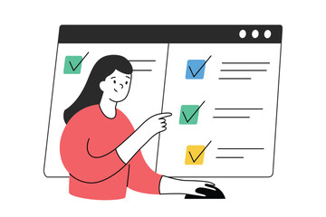 Person choosing answers in online test, quiz interface on screen, vector illustration of checkboxes, checkmarks, cartoon woman passing internet exam on computer, leaving feedback in customer research