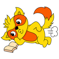 Cartoon doodle of a red and yellow dog-like character reading a book