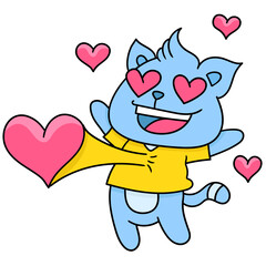 Cartoon doodle of a gray cat wearing a yellow t-shirt with his heart pumping out