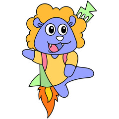 Cartoon doodle of a purple character with a green comb happily jumping and dancing