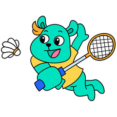 Cartoon doodle of a green bear-like character with a yellow t-shirt playing badminton