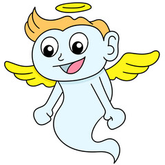 Cartoon doodle of a smiling angel with yellow wings and a halo