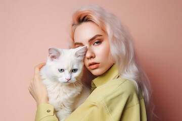 young attractive woman hugging cat in hands, color trendy background. Generative AI