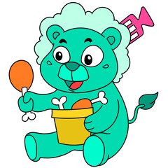 Cartoon doodle of a happy lion-like green creature eating meat from a yellow bowl