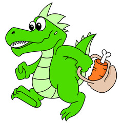 Cartoon doodle of a green dragon carrying a bag with meat