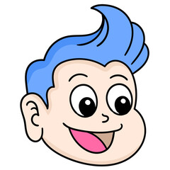 Cartoon doodle head of a happy blue-haired boy