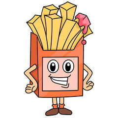 Vector of a cartoon doodle fries with a smiley face over a white background
