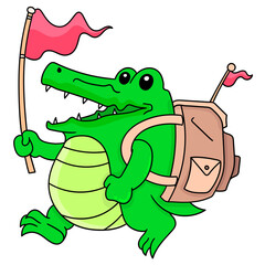 Vector of a cartoon doodle crocodile with a backpack and a flag over a white background