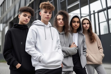Diverse teenagers wearing modern and trendy. Outdoor urban style. Generative AI