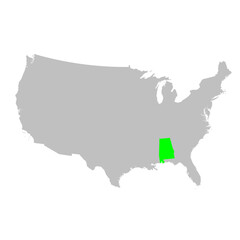 Vector map of the state of Alabama highlighted in Green on a map of the United States of America.
