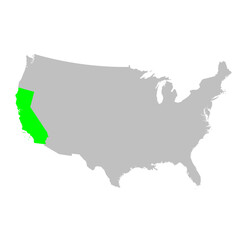 Vector map of the state of California highlighted in Green on a map of the United States of America.