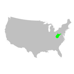 Vector map of the state of West Virginia highlighted in Green on a map of the United States of America.