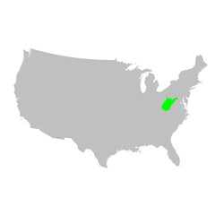 Fototapeta premium Vector map of the state of West Virginia highlighted in Green on a map of the United States of America.