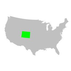 Vector map of the state of Colorado highlighted in Green on a map of the United States of America.