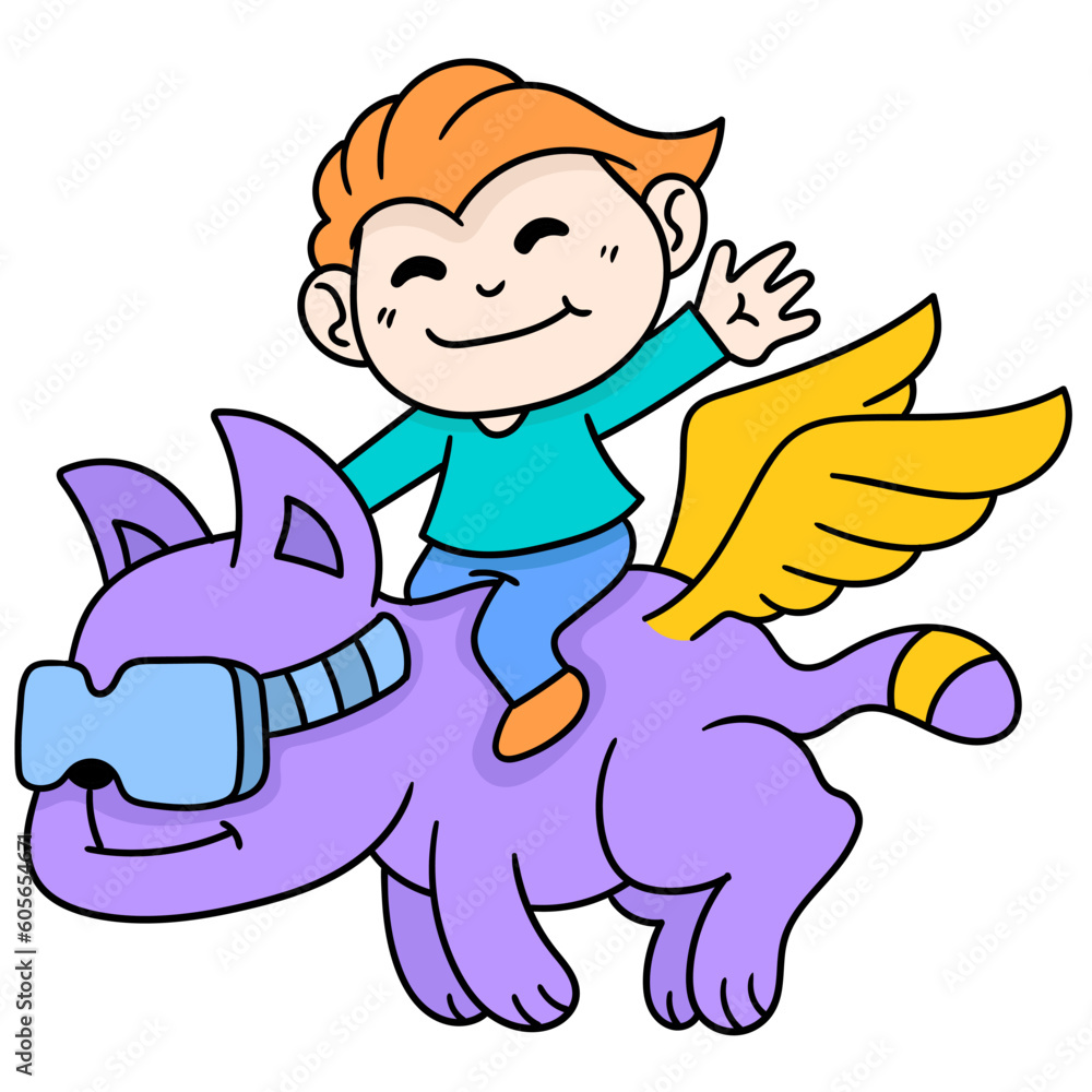 Wall mural Vector of boy riding a fantasy animal with wings in the shape of a tiger