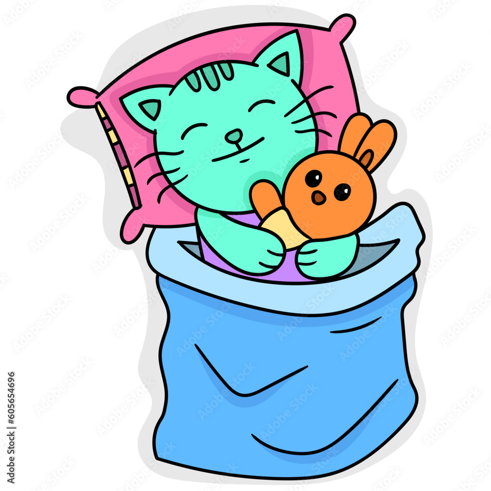 Poster vector of cat sleep with rabbit in bed isolated in white background