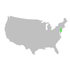 Vector map of the state of New Jersey highlighted in Green on a map of the United States of America.