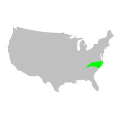 Vector map of the state of North Carolina highlighted in Green on a map of the United States of America.