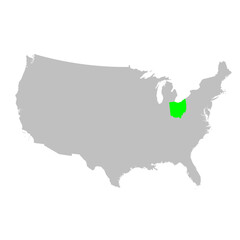 Vector map of the state of Ohio highlighted in Green on a map of the United States of America.