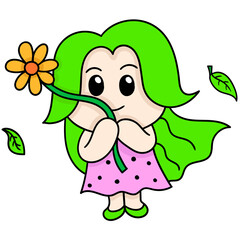 Vector of girl with green hair holding sunflowers
